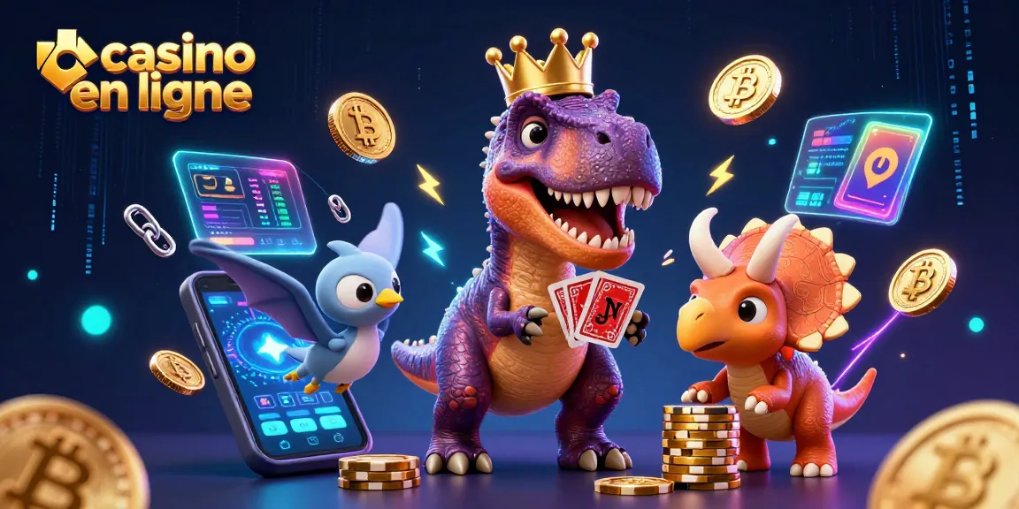 Illustration 3D d'un T-Rex au casino en ligne, jouant aux cartes avec des assistances de dinosaures, pièces de crypto-monnaie autour.