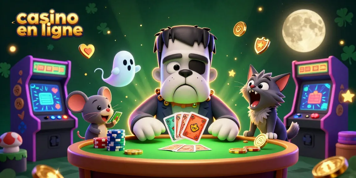 Jouer à casino en ligne avec un bulldog Frankenstein et un chat loup dans une scène riche en couleurs.