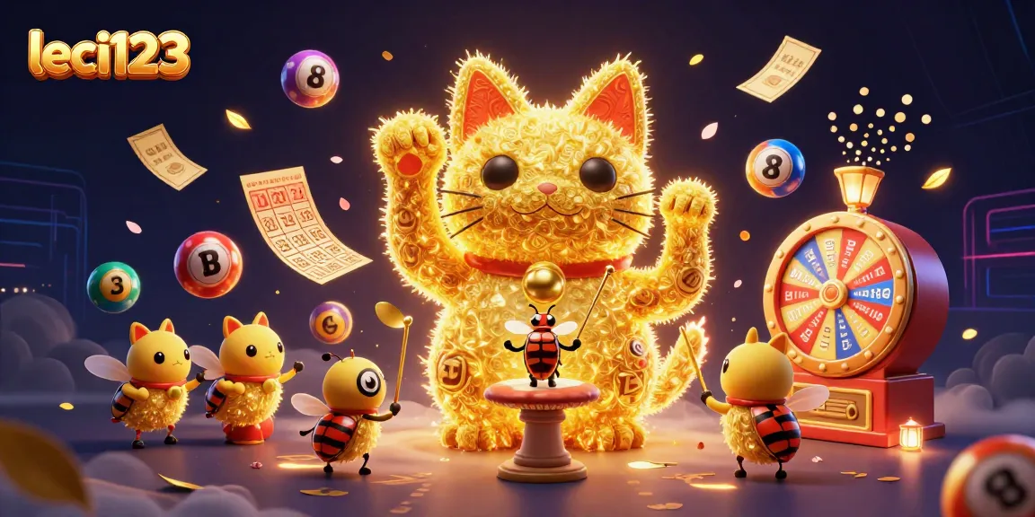 Experience the magic of leci123 with vibrant casino-themed elements and a lucky cat in a captivating scene.