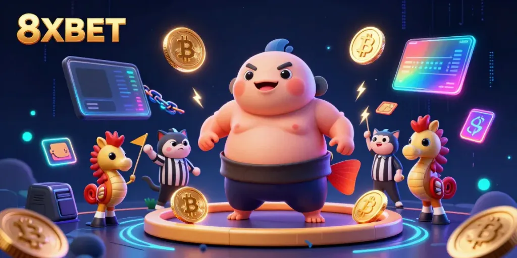 Engage in exciting gameplay at 8XBET with animated characters and vibrant casino elements.