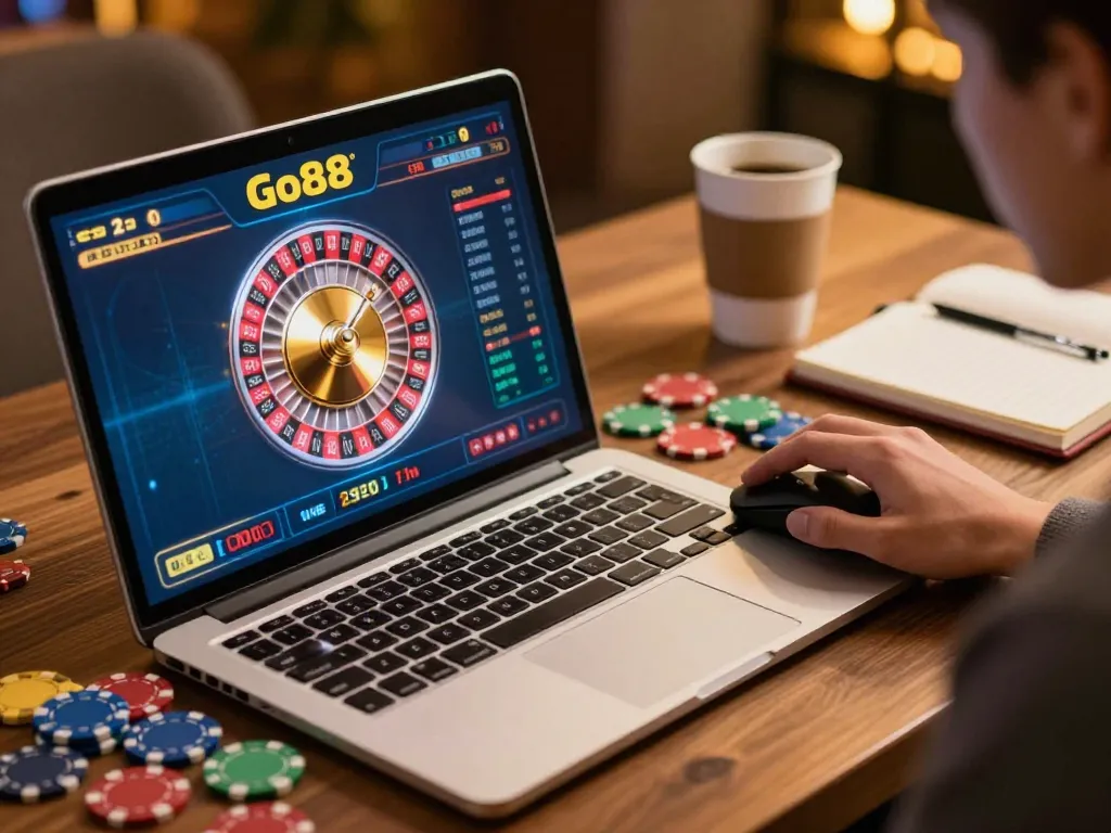 Engaging player enjoying live Go88 casino gaming with roulette wheel on screen.