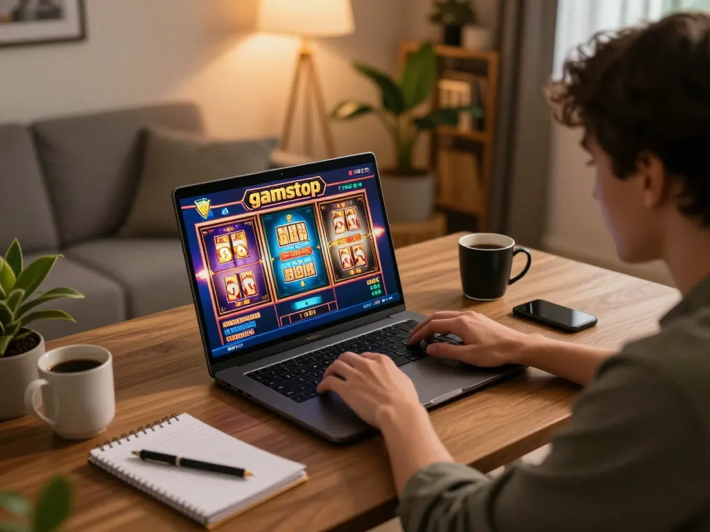 Engaging with slots not on gamstop on a laptop in a cozy home, showcasing an involved gaming session.