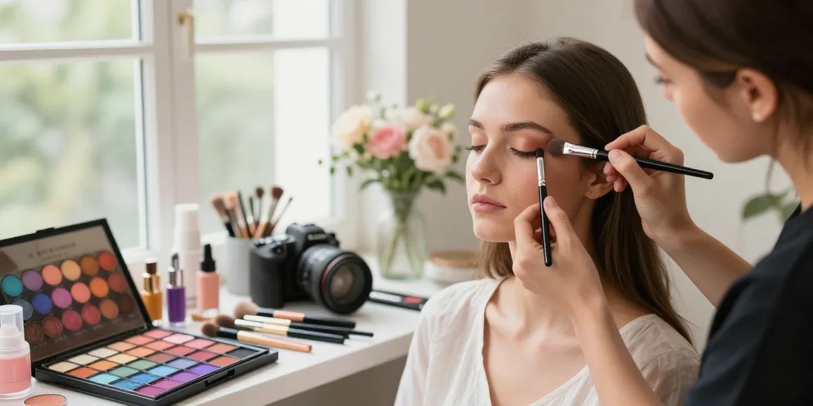 Makeup blending brushes being utilized by a makeup artist to create a flawless look on model, showcasing beauty artistry.
