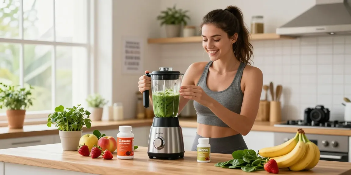 Preparing smoothie with premium astaxanthin supplements in bright kitchen.