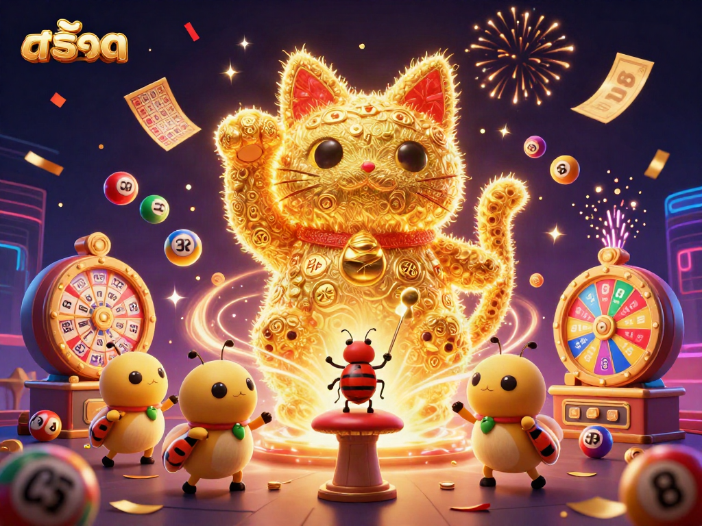 Experience the excitement of สล็อต with a vibrant scene featuring a lucky cat and dynamic casino symbols.