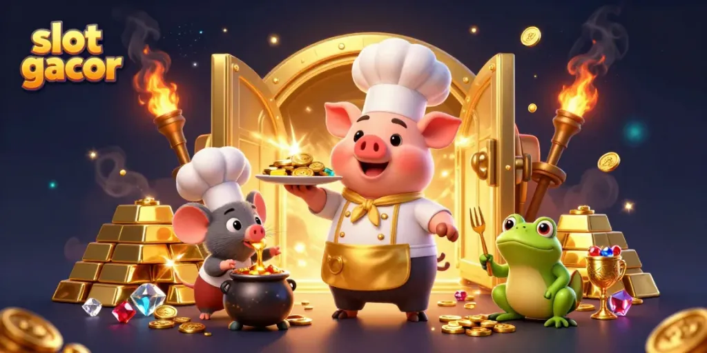 Chef pig presents slot gacor-themed gold coin platter to eager characters in a lavish, vibrant scene.