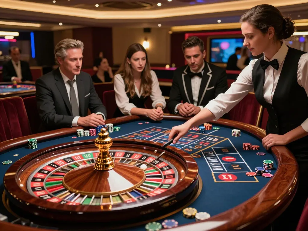 Engaging players enjoying king slot action at a luxurious roulette table in a vibrant casino.