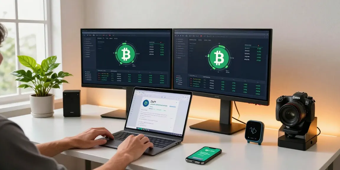 Sustainable bitcoin mining workspace featuring renewable energy metrics on dual monitors and eco-friendly tech setups in a modern office.
