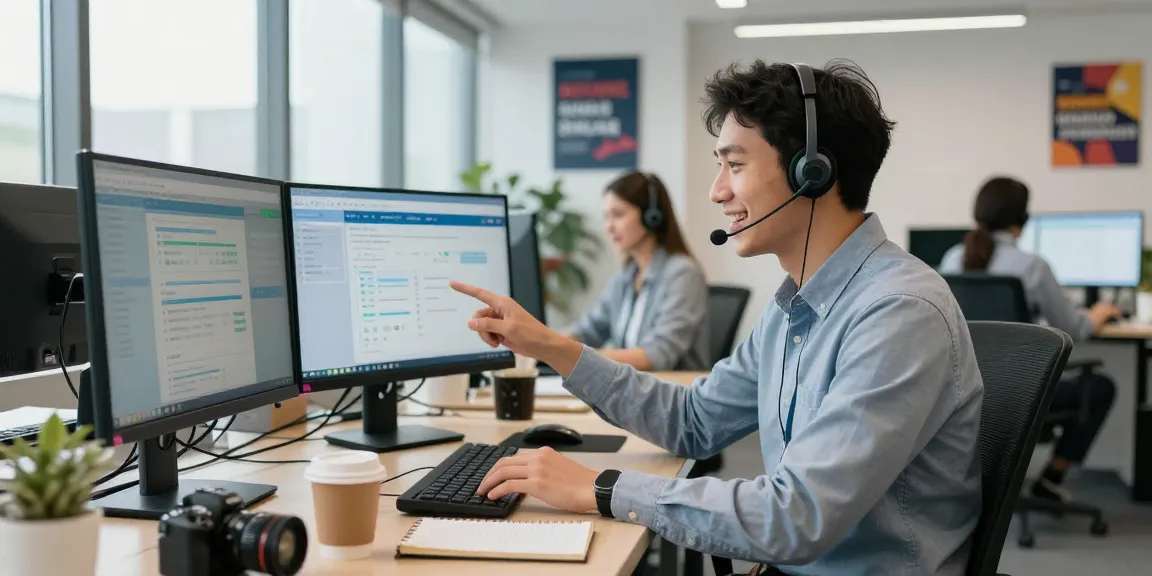 Telus-Technical-Support professional assisting customers in a vibrant tech office setting, showcasing engaging support services.