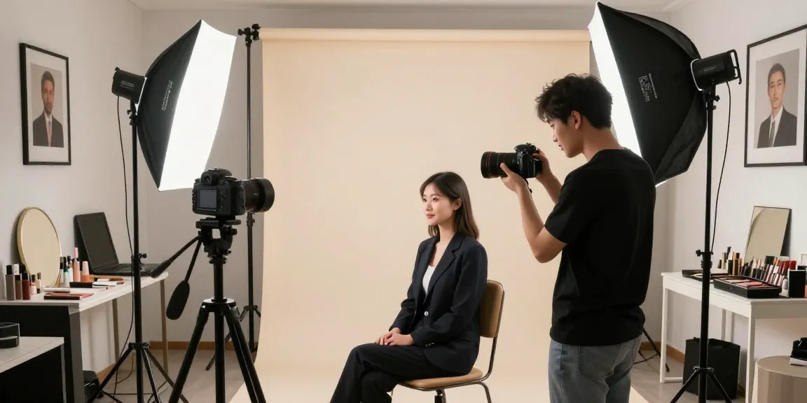 Un photographe de portrait à Milan capturant l'essence d'un client dans un studio lumineux.