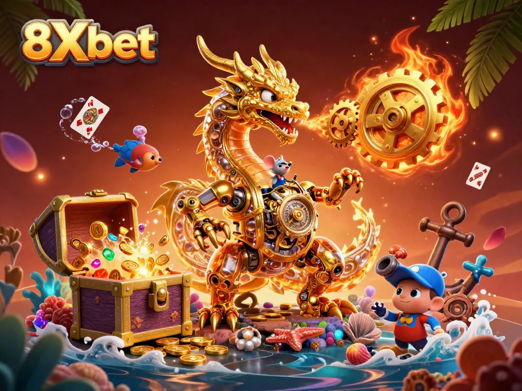 Engage with 8Xbet's thrilling experience of fantasy gambling with dynamic visuals of golden dragon and riches.