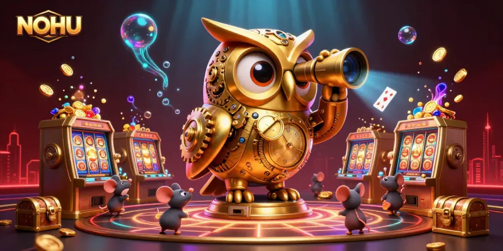 Experience thrilling wins at NOHU with a bustling casino scene featuring dynamic characters and rich gambling elements.