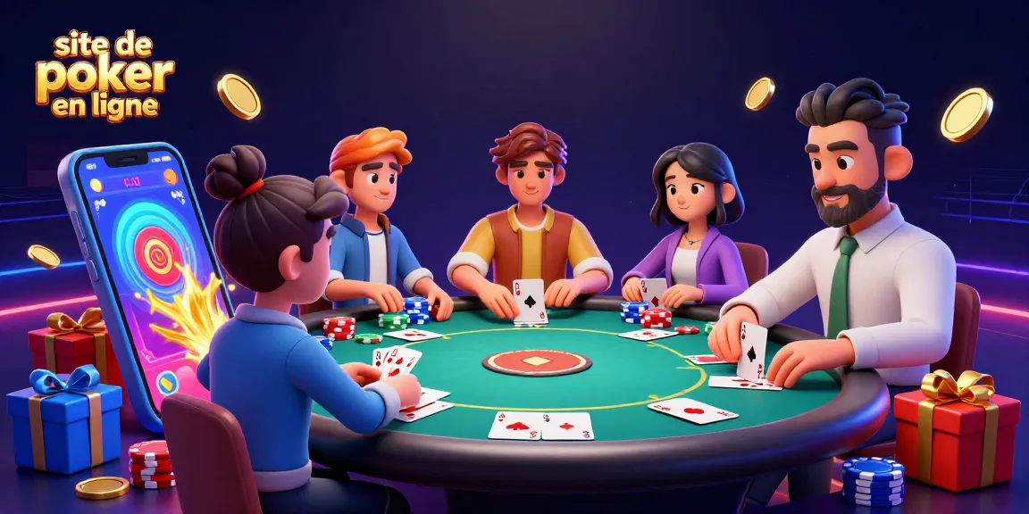Jouez sur un site de poker en ligne avec des joueurs à la table, des jetons colorés et des cartes, ajoutant à l'excitation du jeu.