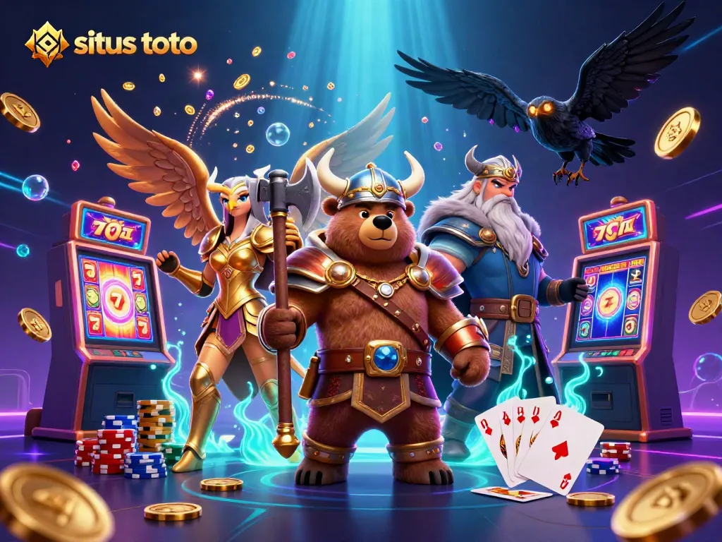 Engage in situs toto gaming with a 3D illustration of Viking characters and casino elements.