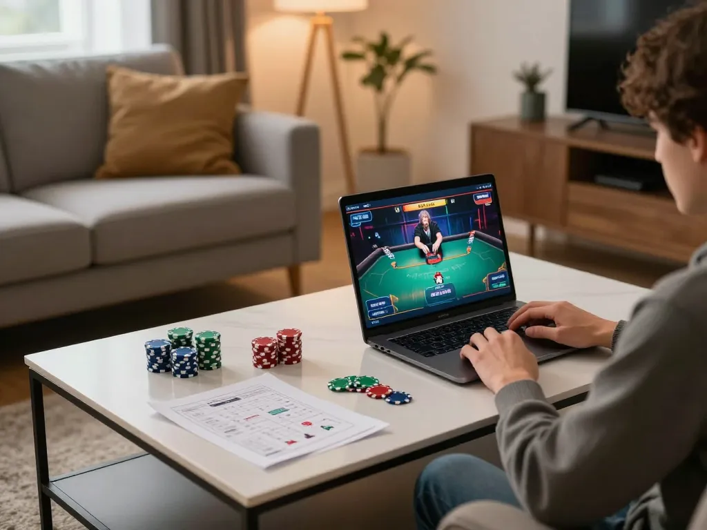 Player engaging in online poker via BK8, surrounded by strategy notes and gaming chips in a cozy setting
