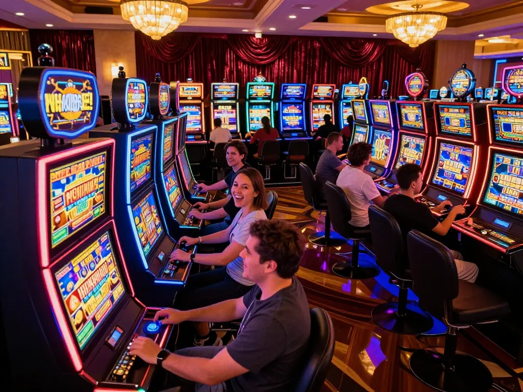 Pemain yang berinteraksi dengan mesin slot aneka4d yang menampilkan tampilan berwarna-warni dan permainan yang mendebarkan.