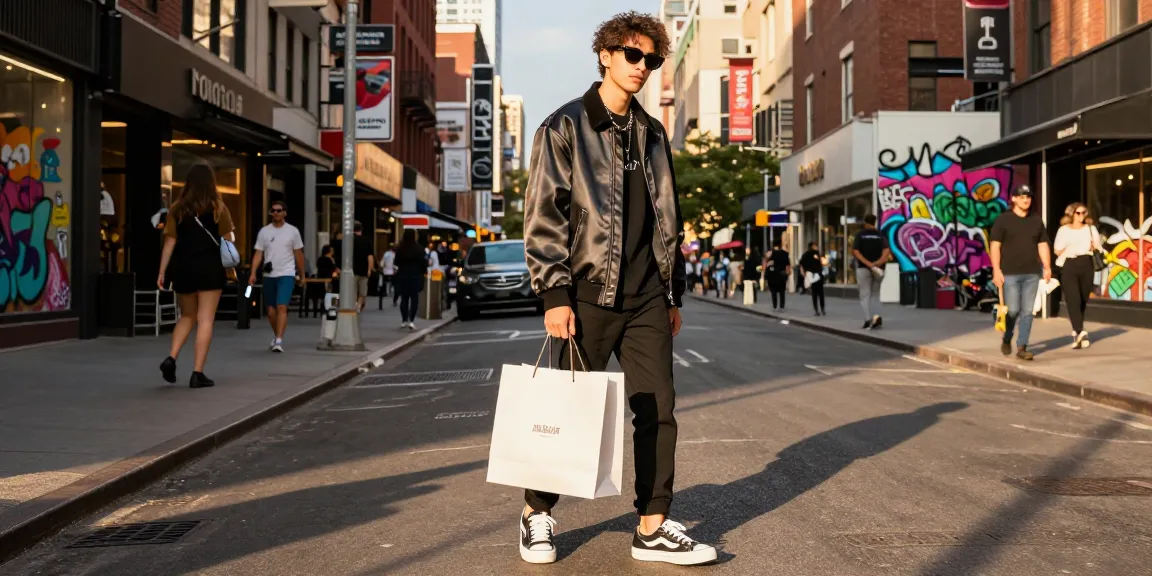 Stylish individual in 레플리카 outfit showcasing urban fashion against a vibrant city backdrop