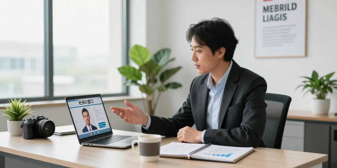 現代のオフィスでビデオ通話中に社保の窓口サービスについて話し合うコンサルタント。