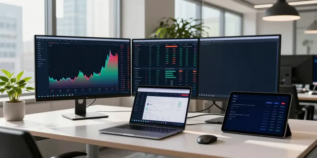 東証 Level 2 データ displayed on dual monitors in a professional cryptocurrency trading setup.
