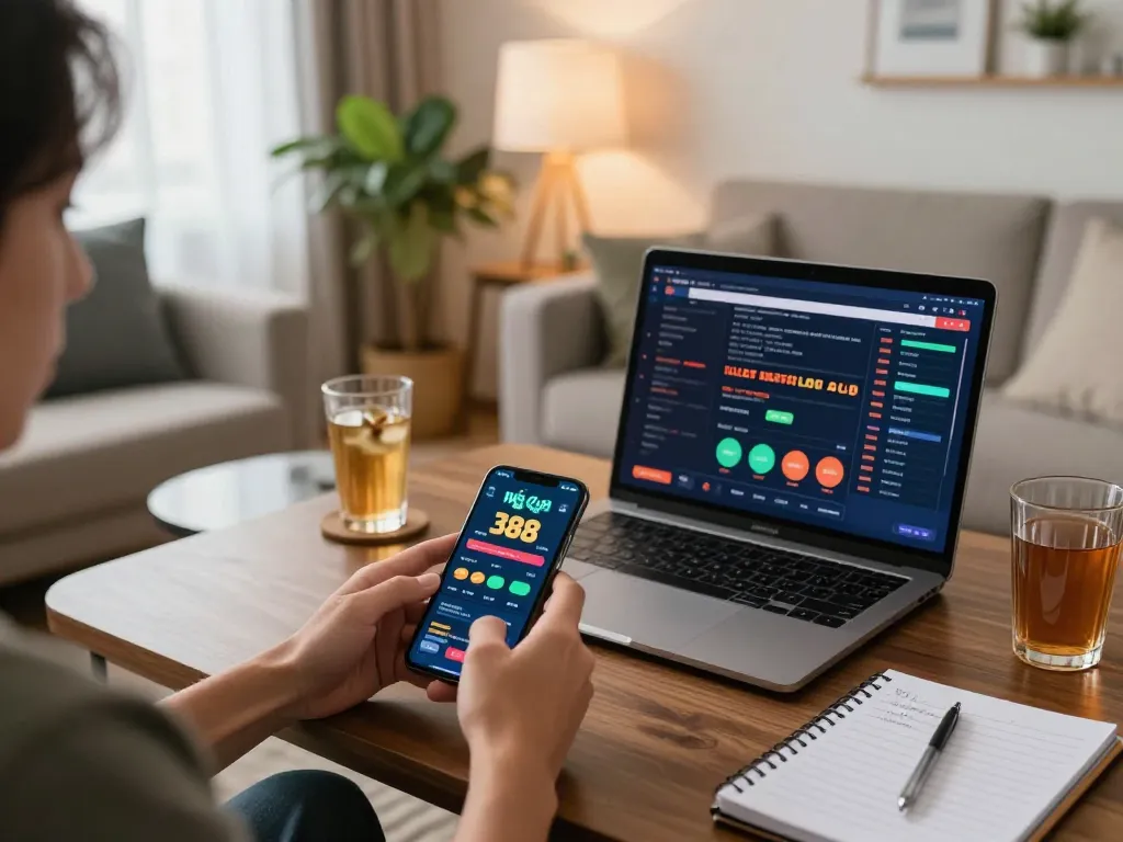 Engaging in online gaming at nhà cái 388bet with smartphone and laptop in a cozy home
