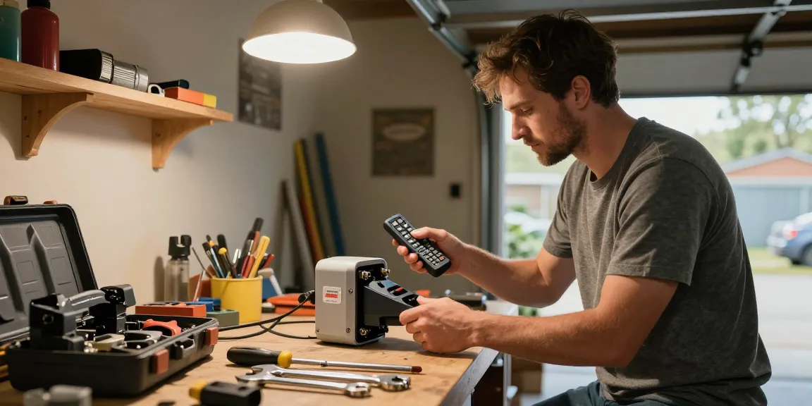 Mighty Mule gate opener common problems being fixed by a homeowner in a garage