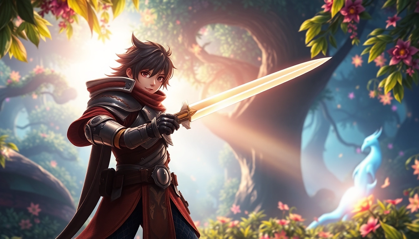 Engaging scene from yono game featuring a hero in an enchanted forest with glowing sword.