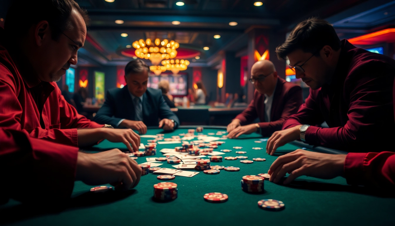 Main players engaged in card game showcasing ondel4d excitement in vibrant casino atmosphere.