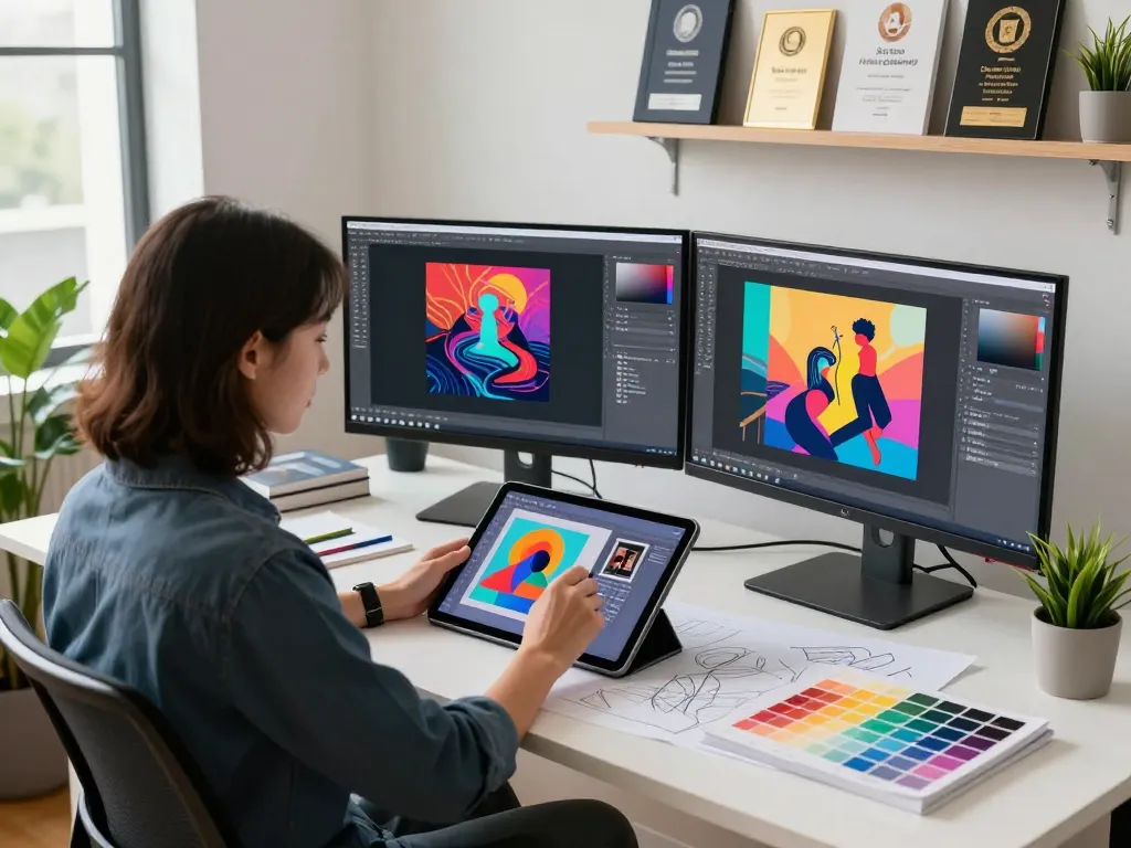 Focused graphic designer in a modern studio generating image to prompt ai for digital artwork.