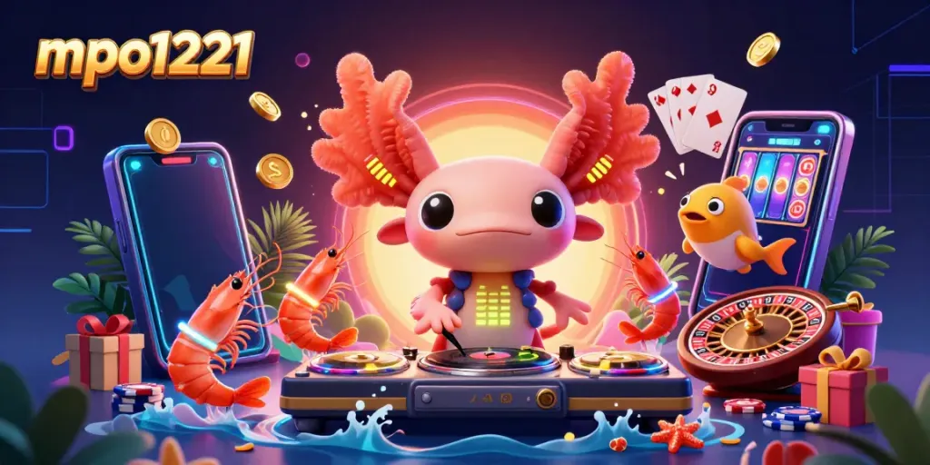 Experience thrilling gameplay with mpo1221's vibrant casino scene showcasing a DJ, dancing shrimp, and slot games.