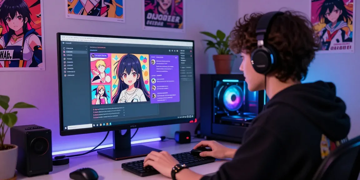 Engaging scene of a user interacting with an ecchi bot on Discord, surrounded by anime art and a vibrant workspace.