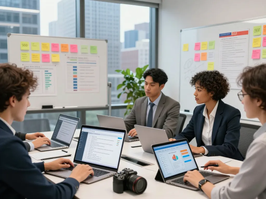 Team discussing New York SEO Services strategies in a modern office setting