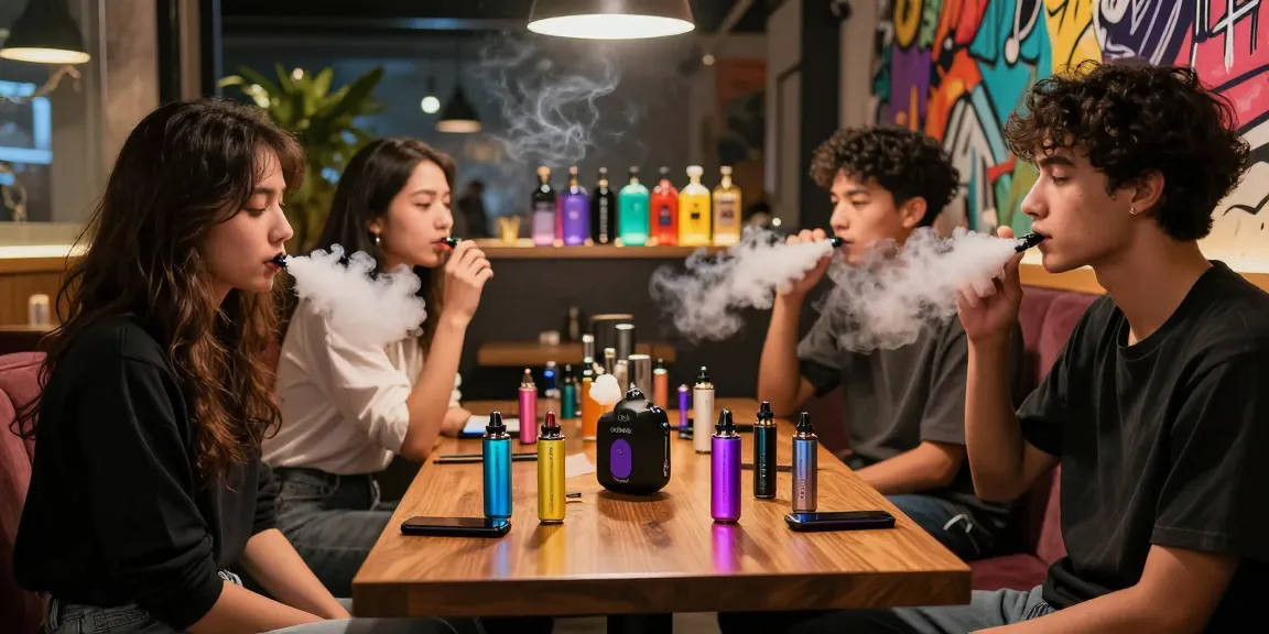 Youthful group enjoying vaping with various electronic cigarette oils in a chic urban lounge.
