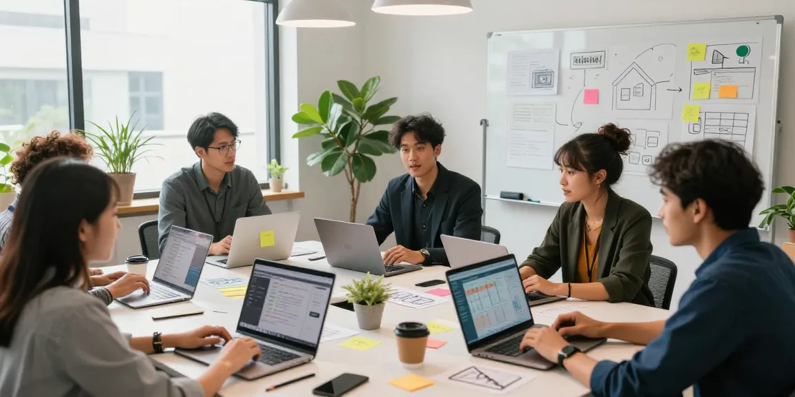 Social media ad templates being discussed in a modern office.