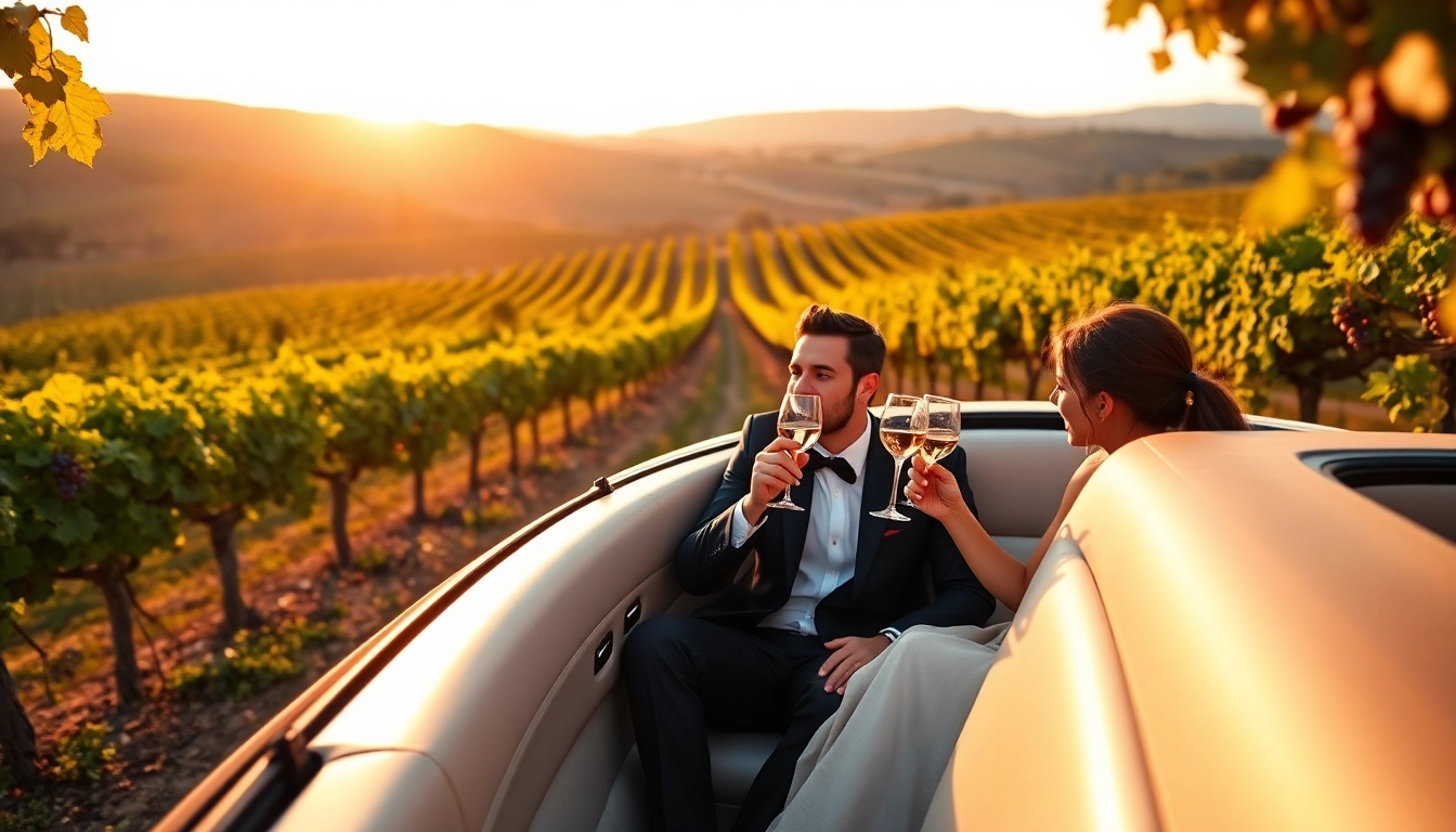 Experience a memorable wine tour limo service with a couple in a vineyard, enjoying luxury.