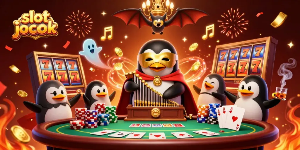 Experience thrilling slot jackpot action with animated casino characters and festive decor.