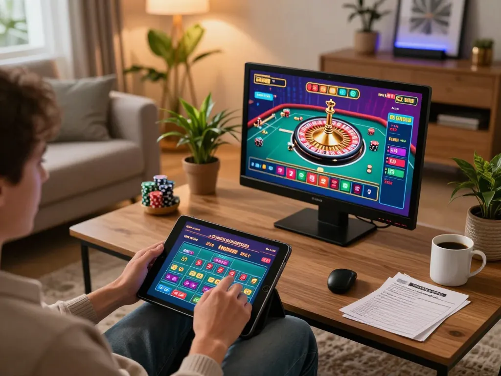 Engaging online gaming moment with five88 user betting on roulette in a cozy setting.