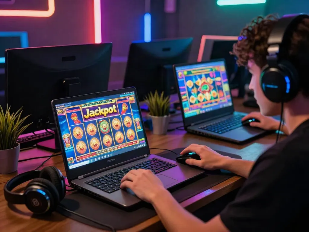 Permainan slot777 online dengan pemain antusias bermain di laptop dikelilingi lampu LED berwarna-warni.