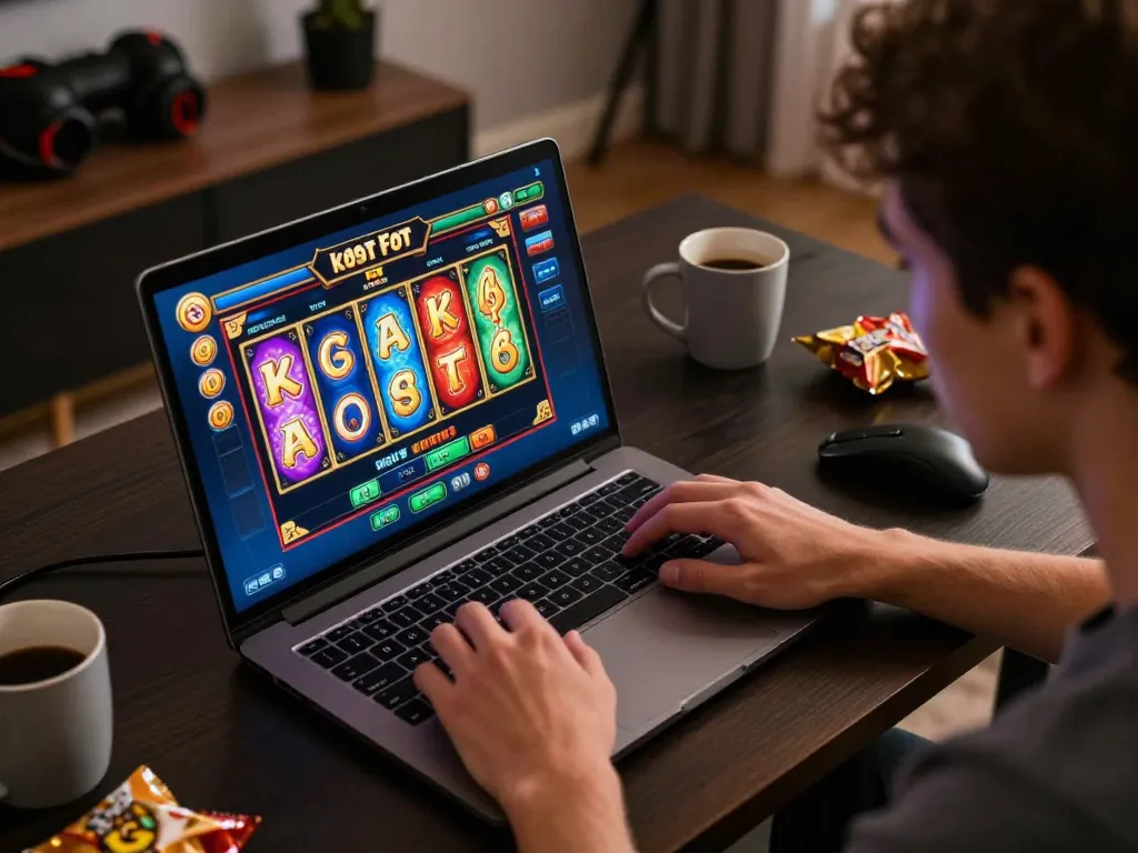 Player immersed in kdslot online gaming session, analyzing vibrant slot interface in cozy home setting.