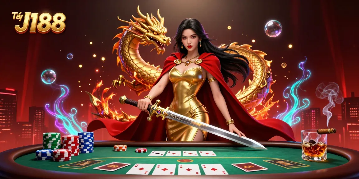 Engage in thrilling gameplay with Tải J188 as you experience a dynamic casino scene featuring a warrior queen and golden dragon.