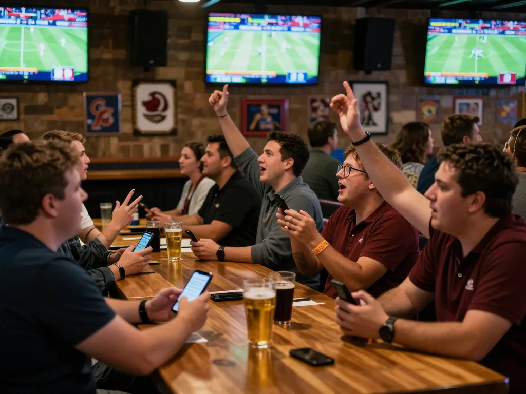 Patrons engaged in sports betting at a lively bar, using nhandinhkeonhacai for real-time odds.