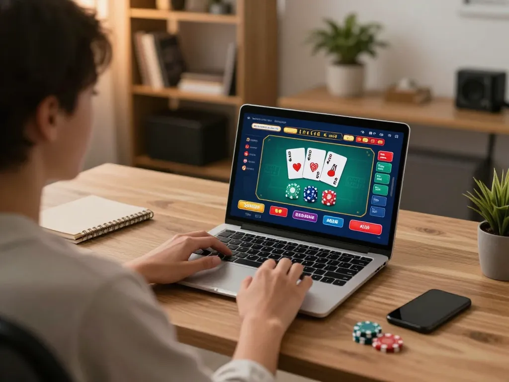 Engaging in a live dealer game on lv88seo with a stylish home office setup, showcasing strategic gameplay.
