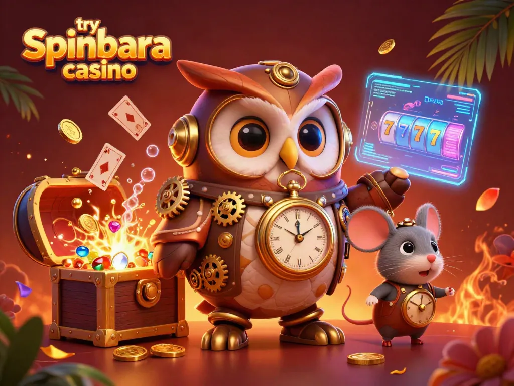 Try Spinbara casino featuring a steampunk owl and a clockwork mouse amidst dynamic casino elements.