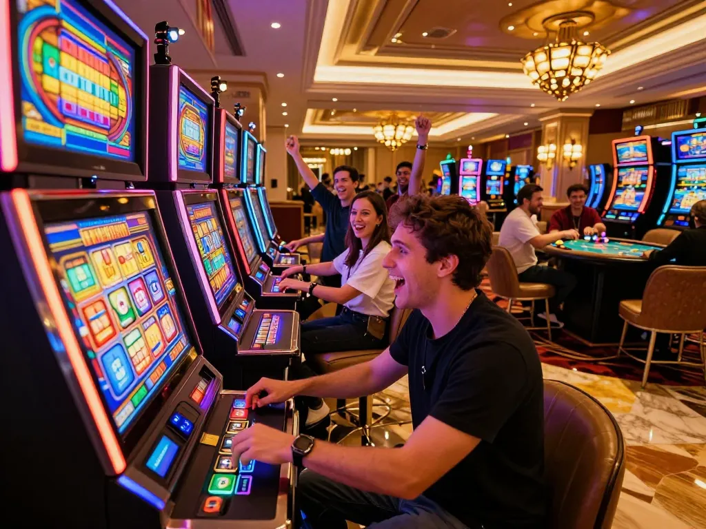 Player enjoying thrilling games at QH88go slot machines in a vibrant casino environment.