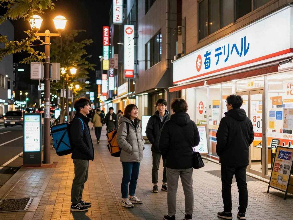 人気のある店の外で楽しむ若者たちとともに、帯広デリヘルの活気あふれる夜の雰囲気を体験しましょう。