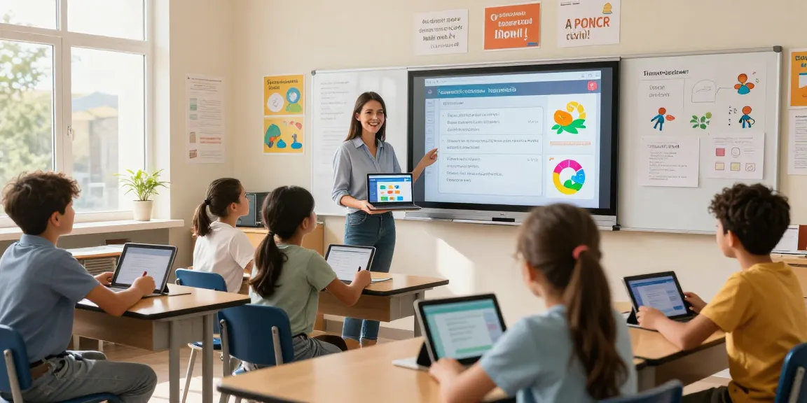 Teacher using an online teacher planner on a laptop in a bright classroom, engaging students with educational technology.