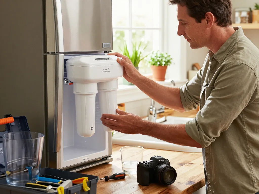 Installing the Waterdrop Plus WDP-F19C Replacement for GE® RPWFE® water filter in a modern kitchen, showcasing home improvement.