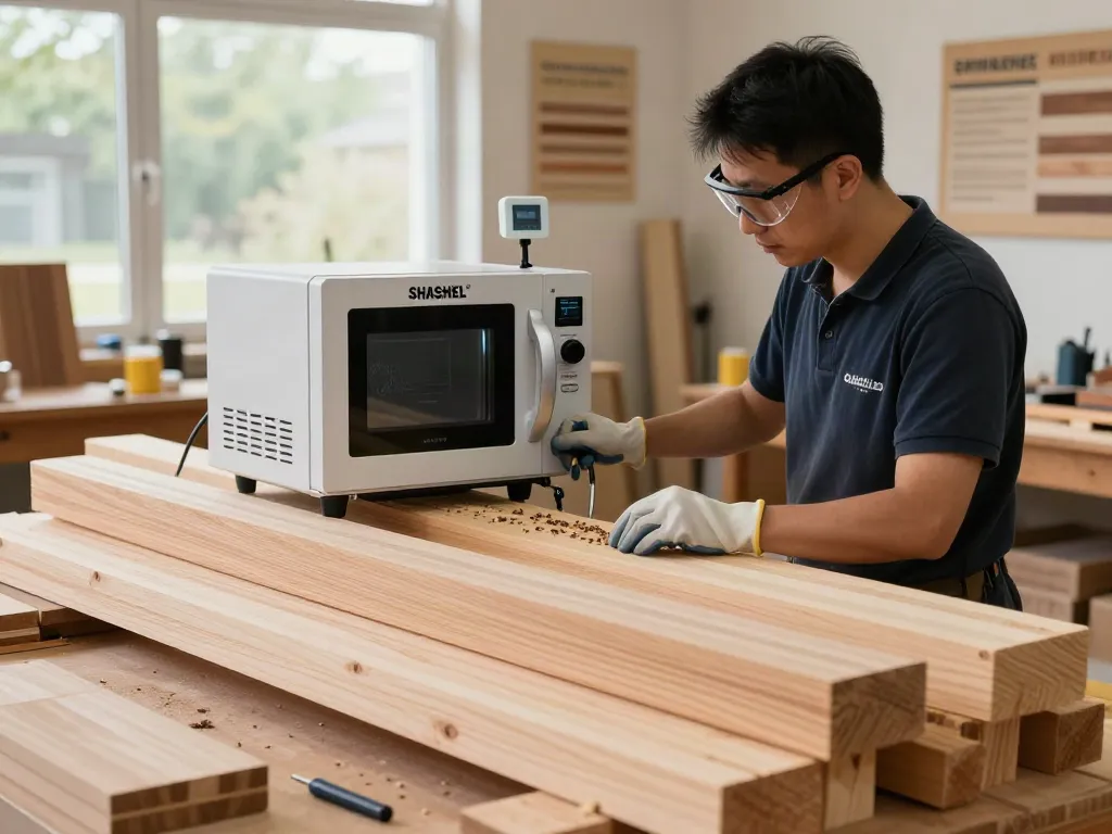 SHASHEL® microwave wood treatment device eliminating wood-boring insects in a workshop