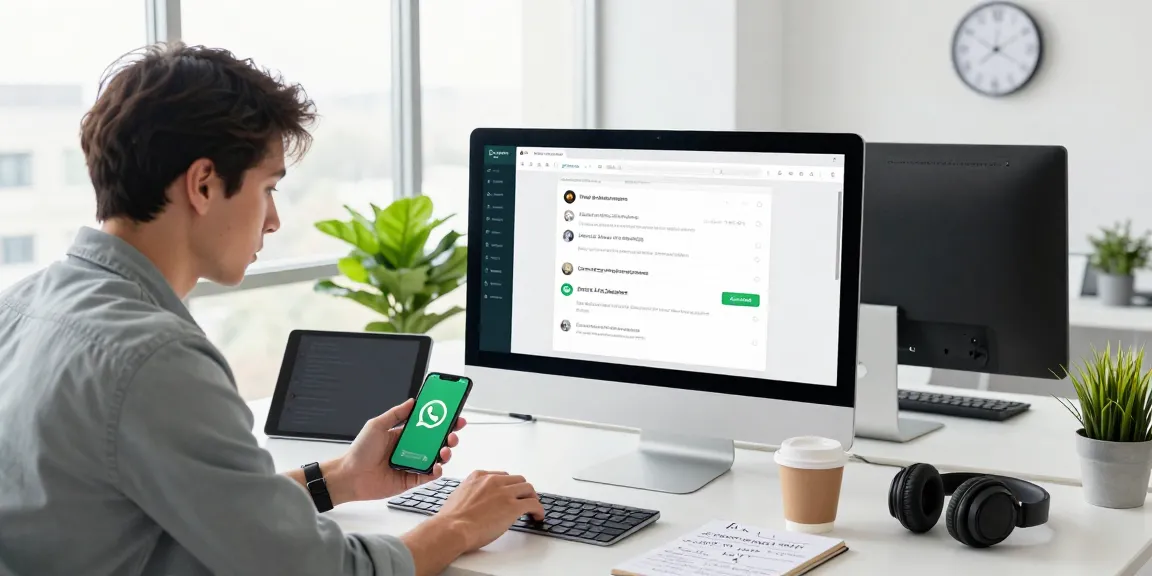 An engaged professional using WhatsApp網頁版 on a desktop, surrounded by tech gadgets and a bright office environment.