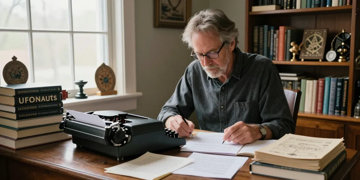 T. Allen Greenfield writing in his study surrounded by books and notes on spirituality and UFOs, found at https://tallengreenfield.com.