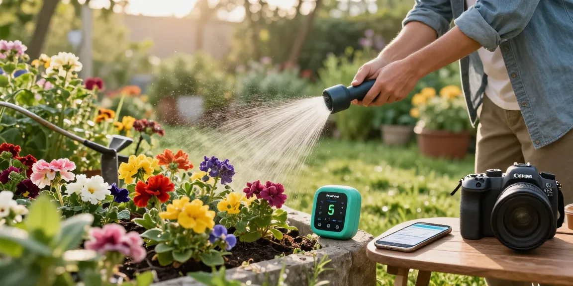 Efficiently managing garden watering with RainPoint WiFi Water Timer, vibrant flowers, gardener in morning light.